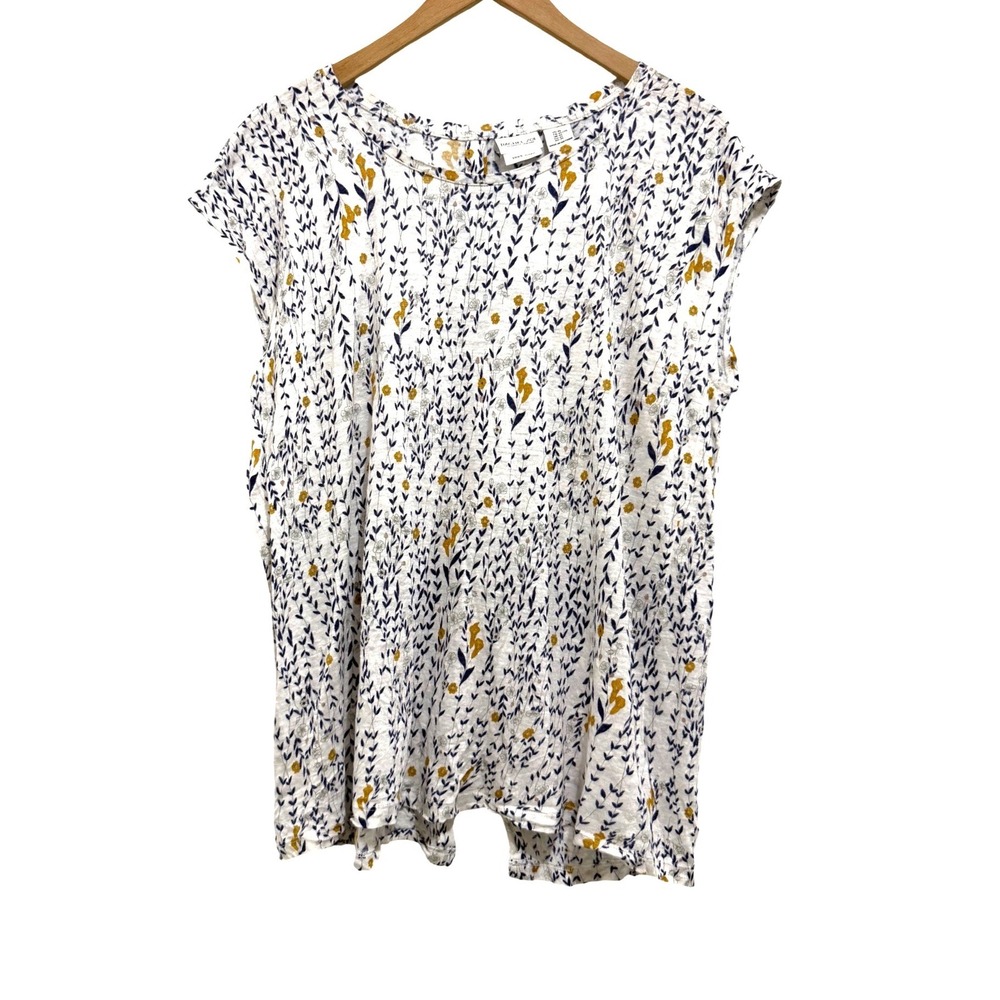 Rachel Zoe Women's XL White Floral 100% Linen Button Back Cap Sleeve Blouse Top